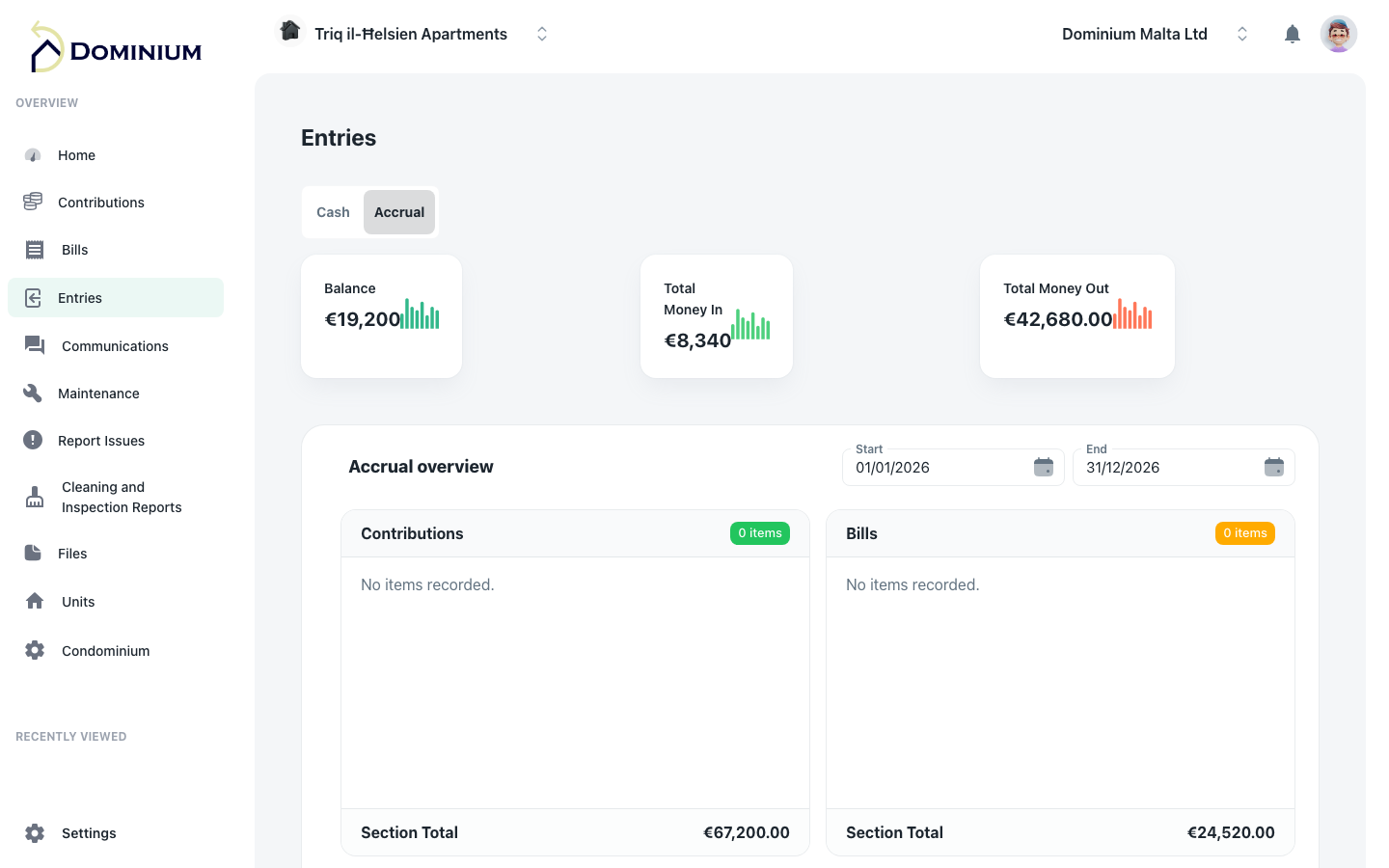 Dominium automated receivables screen — Malta